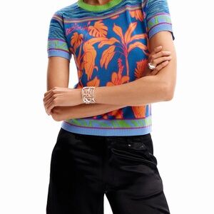 Desigual Short Sleeve Top with Blue and Orange Design